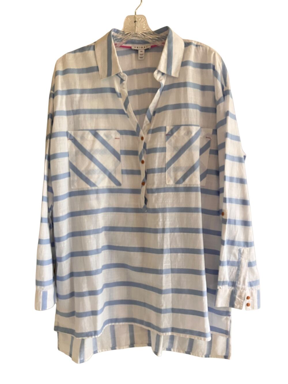 Tribal Coastal Beachy Top Popover Roll-Tab Sleeves Cotton Striped Preppy L